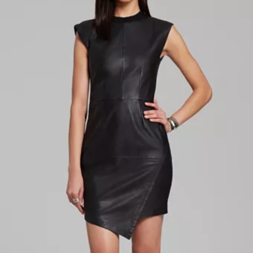 Trina Turk Dalia Leather Black Asymmetrical Cocktail Dress Size 8
